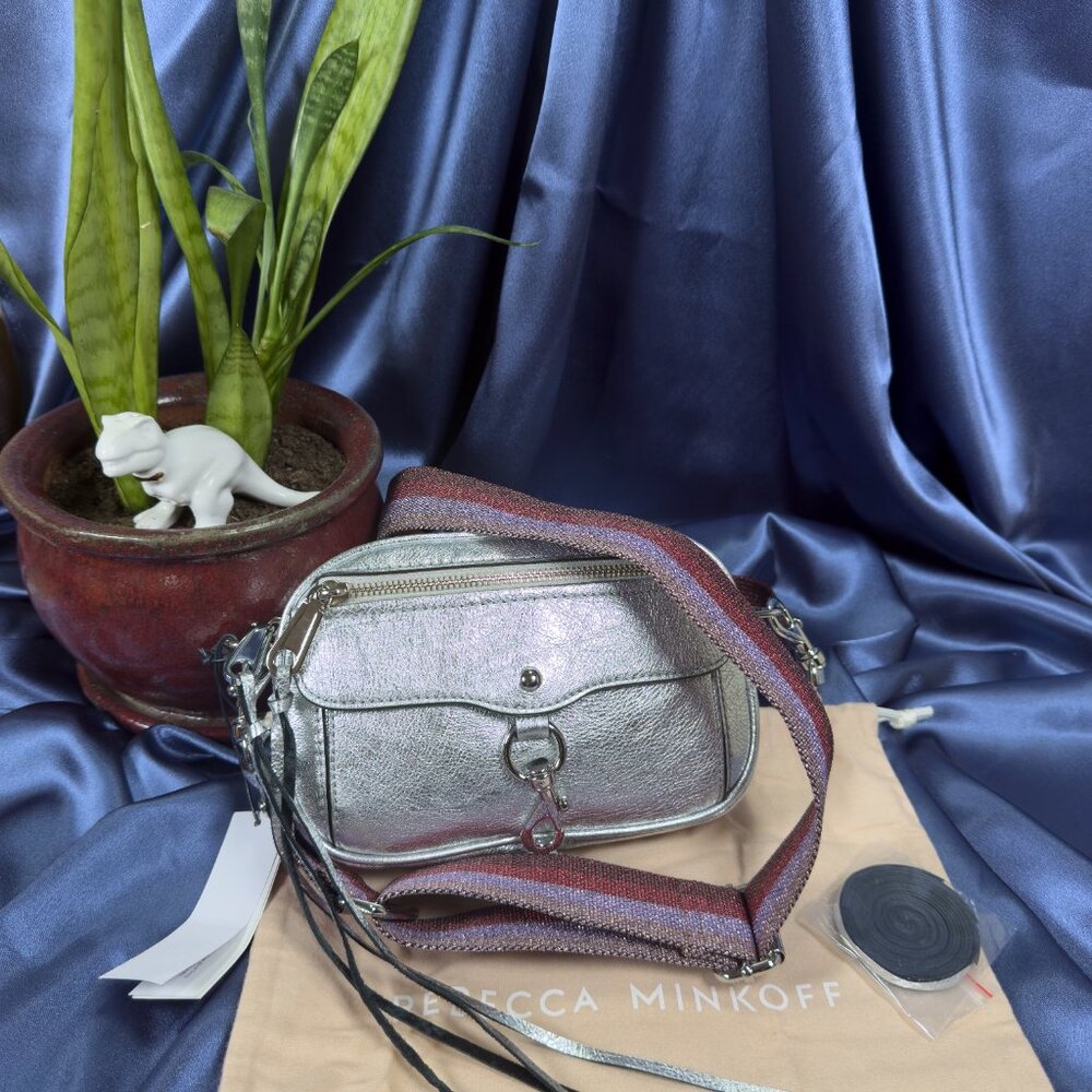 Rebecca Minkoff NWT Blythe Xbody – Silver Leather with Jewel-Tone Metallic Strap